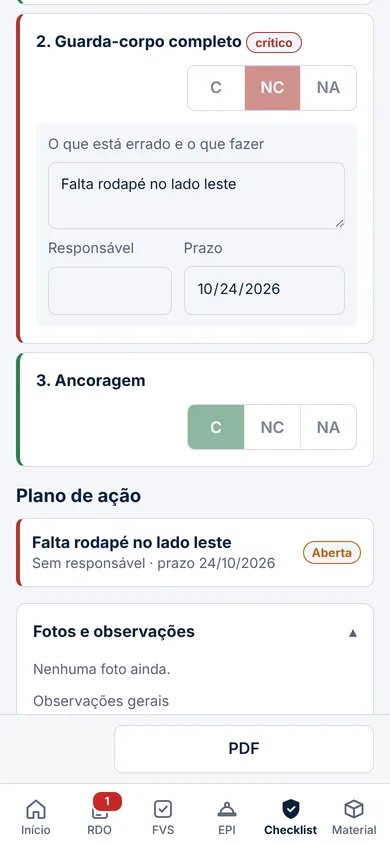 Checklist de segurança com item não conforme e plano de ação